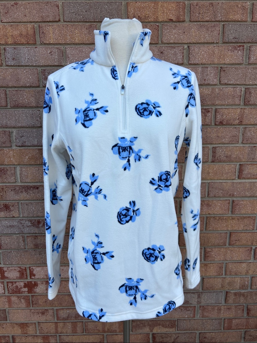 NWT Lands' End White Half-Zip Fleece Pullover with Blue Floral Print